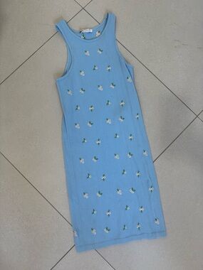 Zara Light Blue Ribbed Tank Dress with Tiny Floral Embroidery